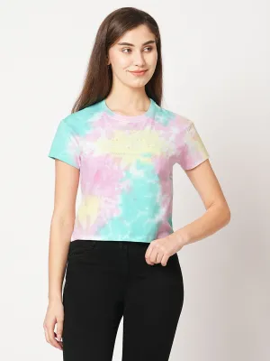 Women Slim Fit Multi Tie-Dye Crop Chest Print T-Shirt