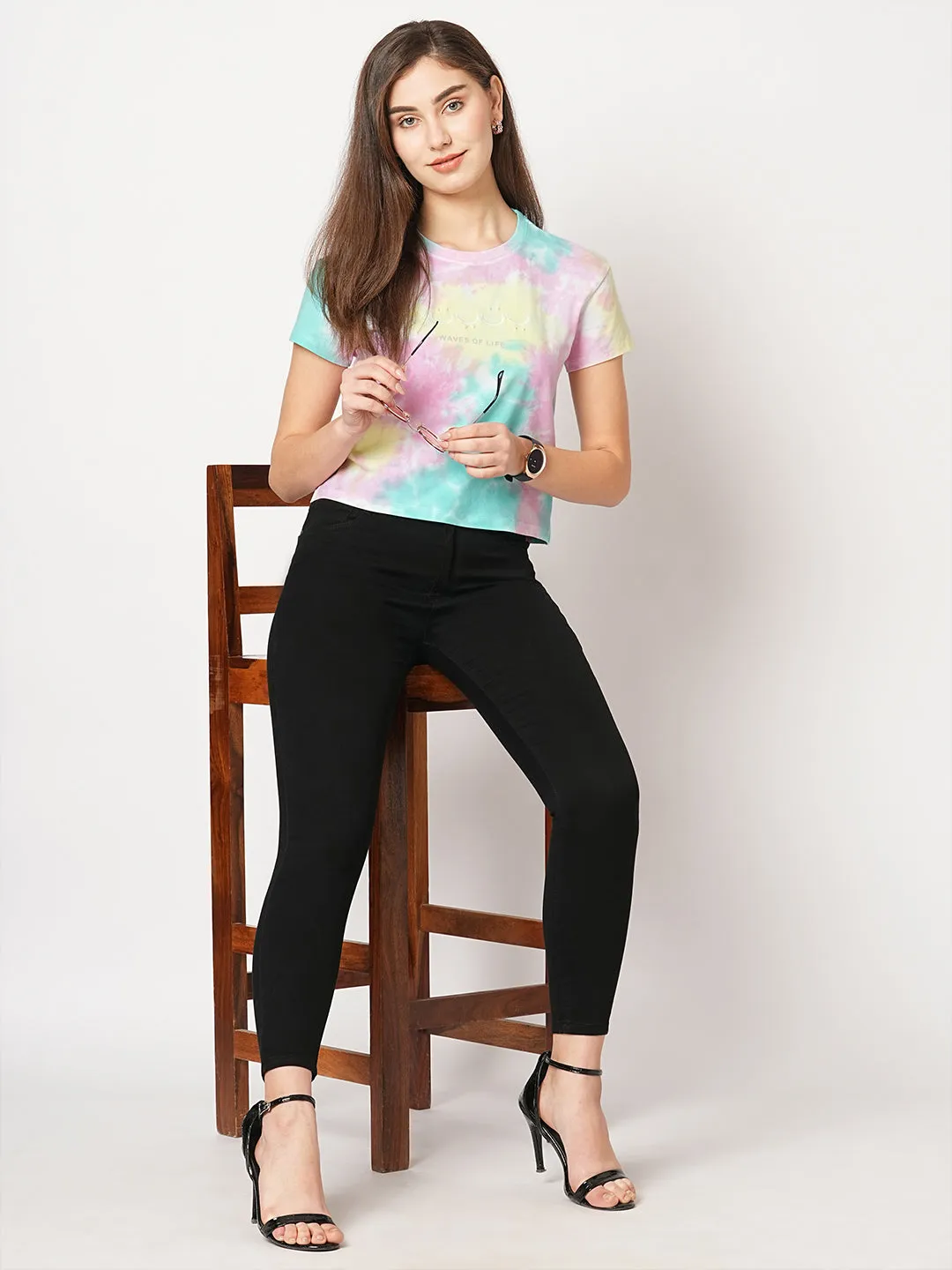 Women Slim Fit Multi Tie-Dye Crop Chest Print T-Shirt