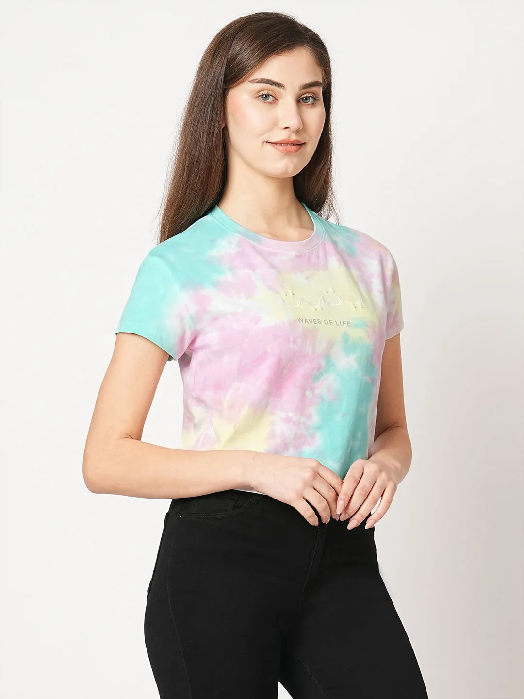 Women Slim Fit Multi Tie-Dye Crop Chest Print T-Shirt