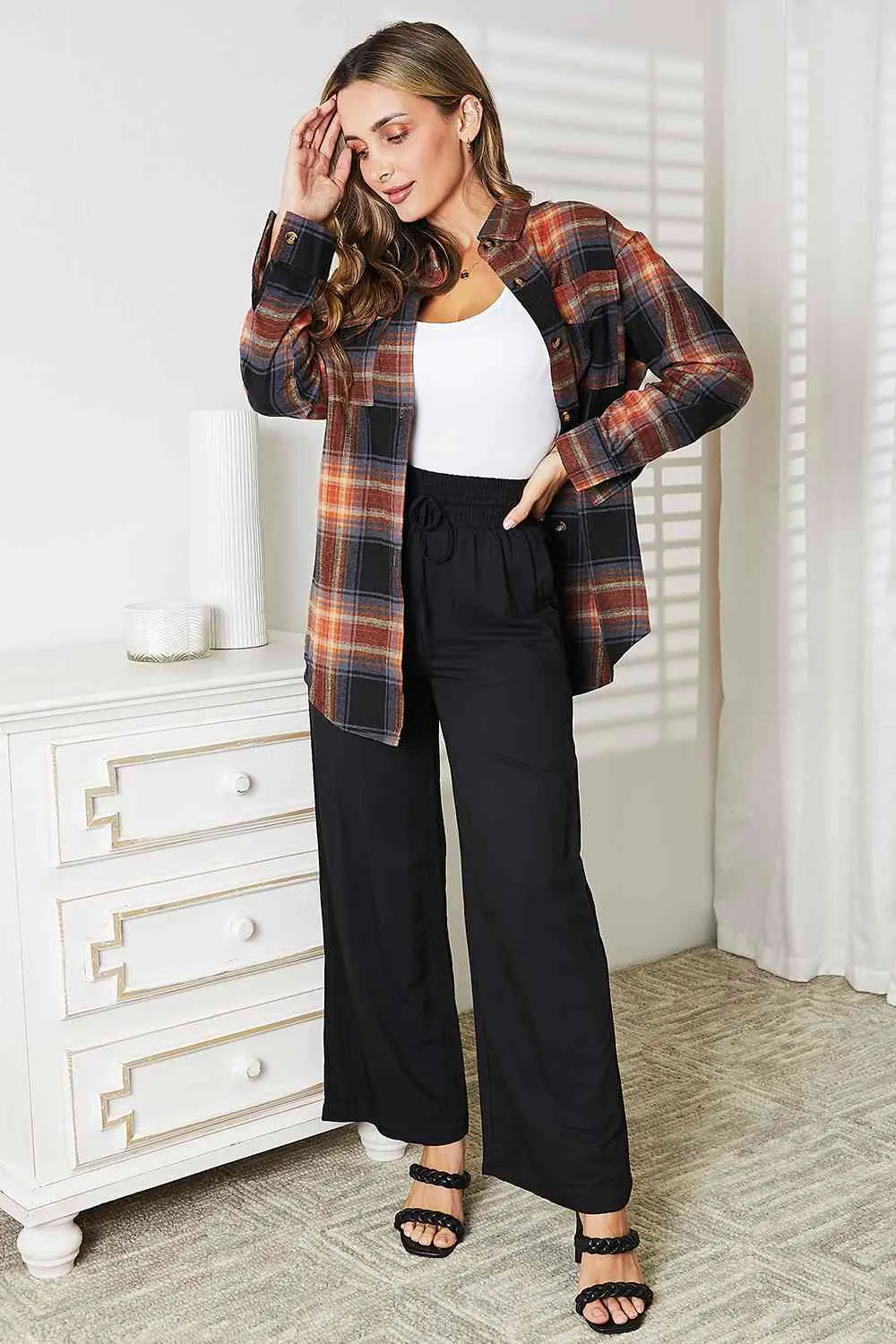 Women's Double Take Plaid Dropped Shoulder Shirt