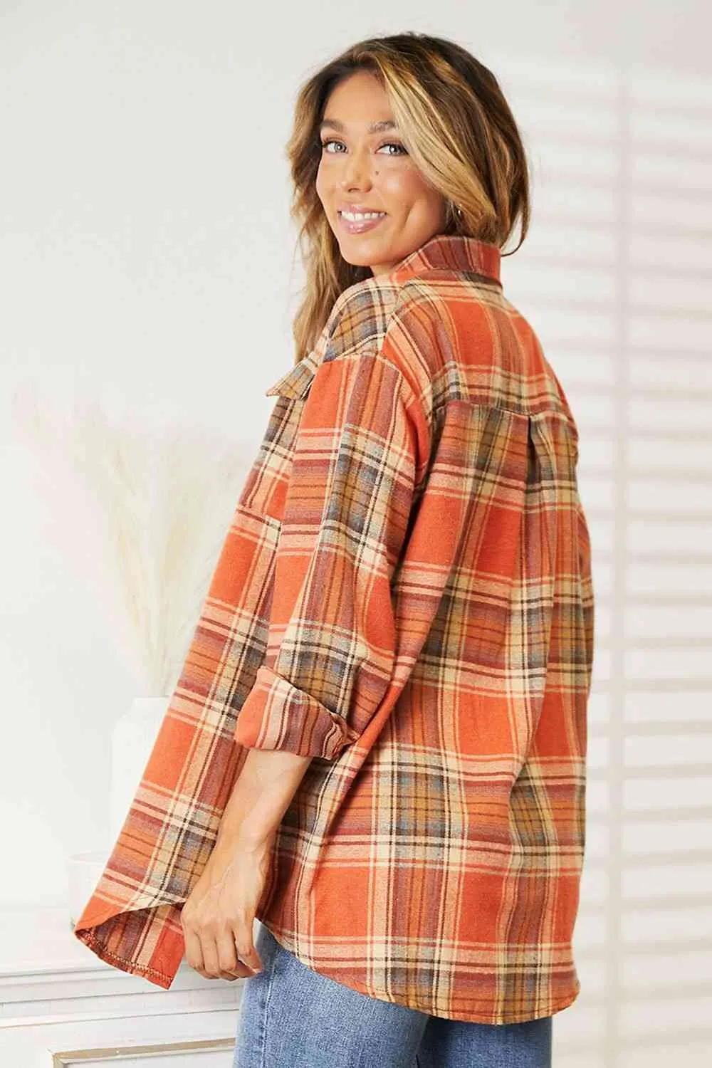 Women's Double Take Plaid Dropped Shoulder Shirt