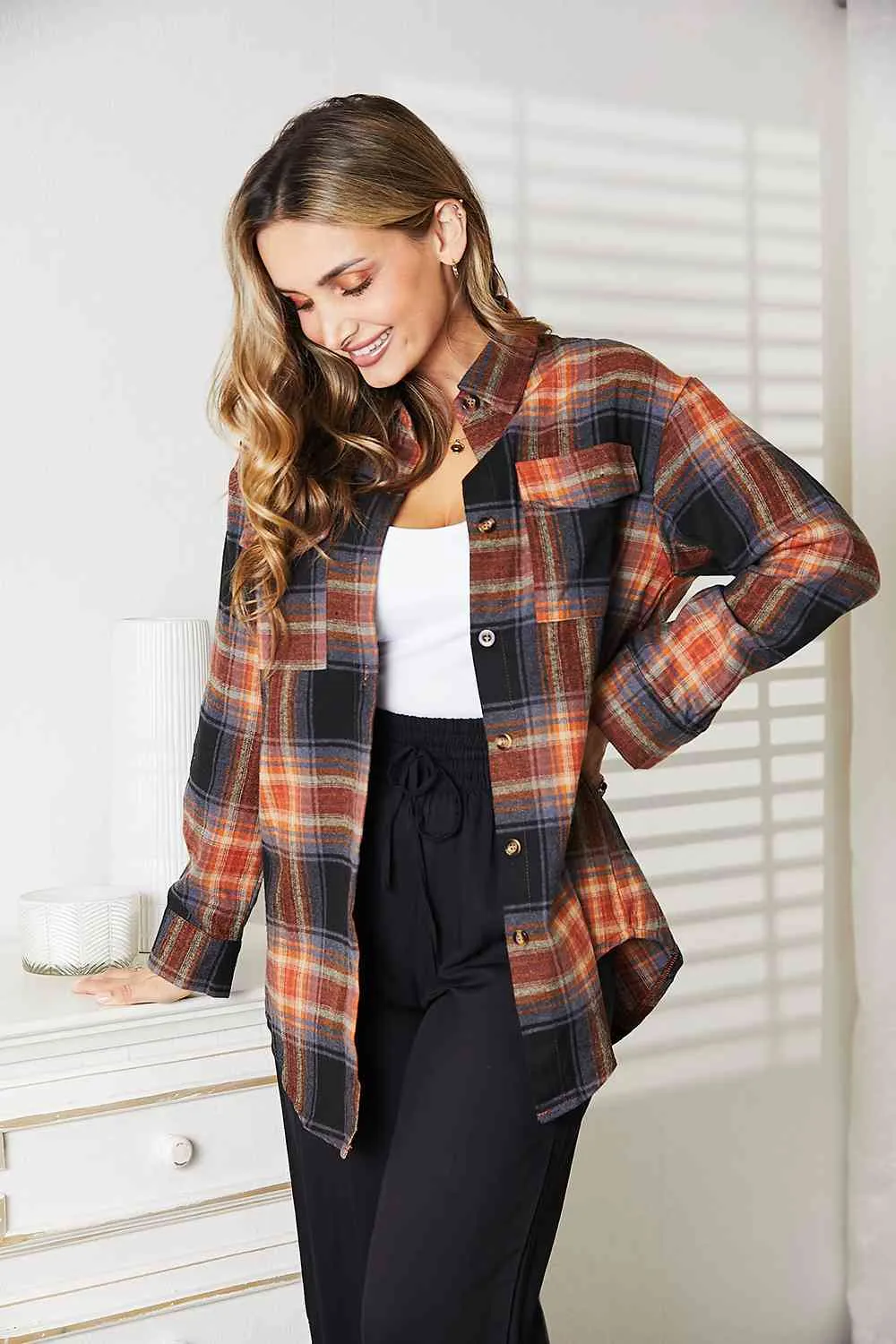 Women's Double Take Plaid Dropped Shoulder Shirt