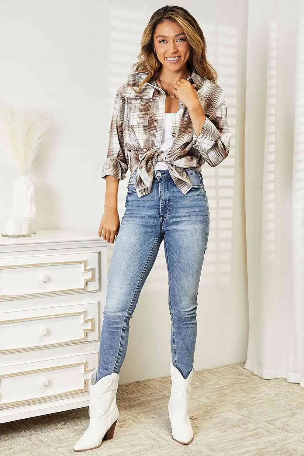 Women's Double Take Plaid Dropped Shoulder Shirt