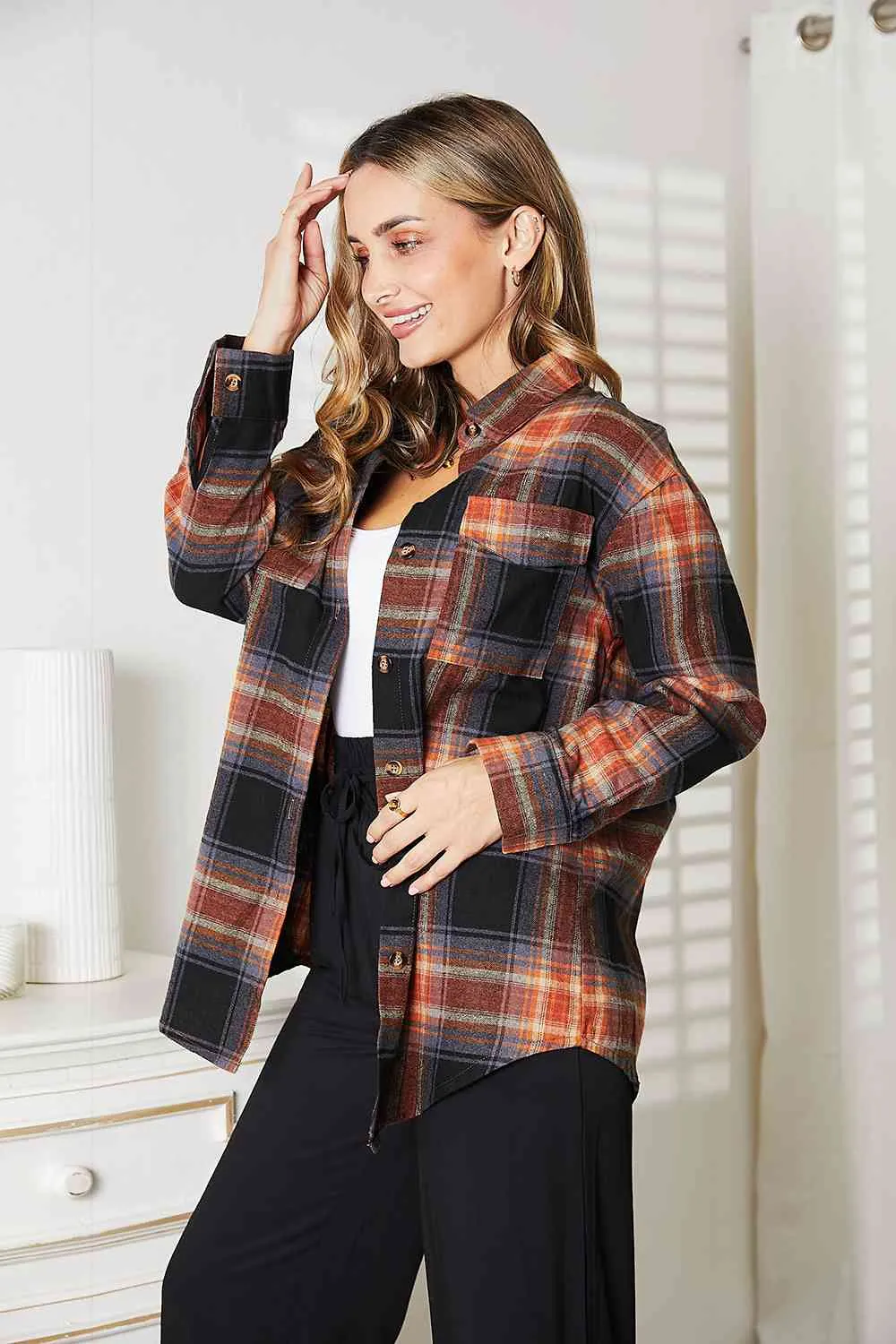 Women's Double Take Plaid Dropped Shoulder Shirt