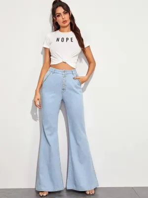 Women's High Waist Button Fly Flare Casual Wide Leg Denim With Pockets Jeans