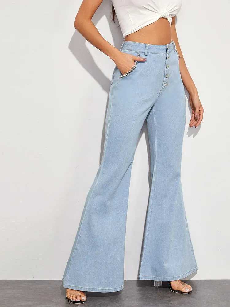 Women's High Waist Button Fly Flare Casual Wide Leg Denim With Pockets Jeans