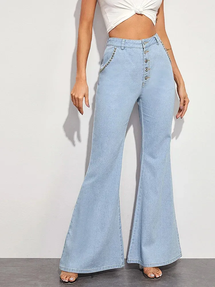 Women's High Waist Button Fly Flare Casual Wide Leg Denim With Pockets Jeans