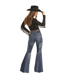 Women's Rock & Roll Patch Denim Bell Bottom Jeans