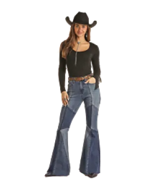 Women's Rock & Roll Patch Denim Bell Bottom Jeans