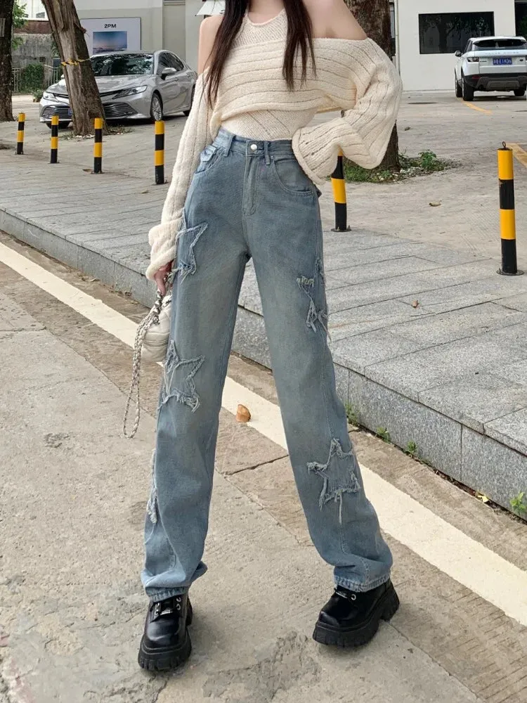 Y2k Women Jeans Harajuku Star Patchwork Oversize Hippie 2024 Style Pants