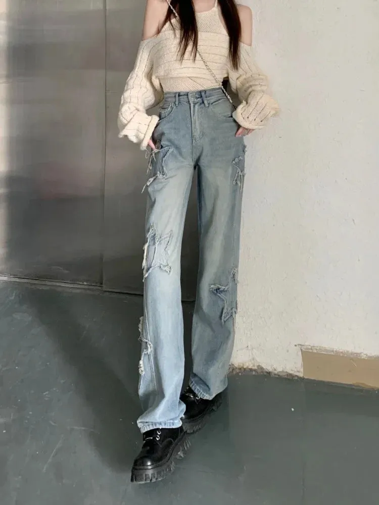 Y2k Women Jeans Harajuku Star Patchwork Oversize Hippie 2024 Style Pants